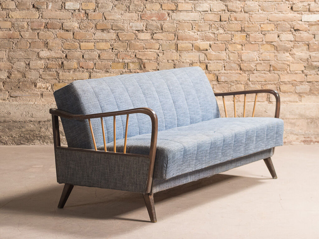 Sofa bed in solid beech with blue fabric, circa 1970