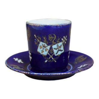 Coffee cup and saucer lunéville faience bleue de four glaillé