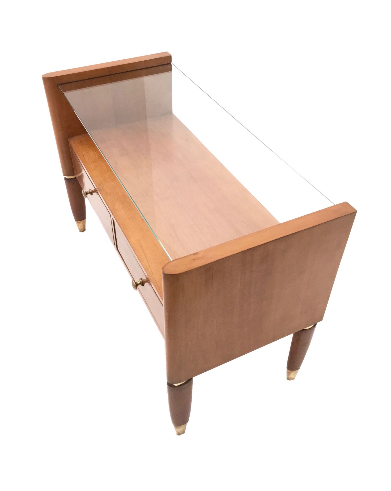 Vintage walnut nightstand with a glass top and brass details, Italy