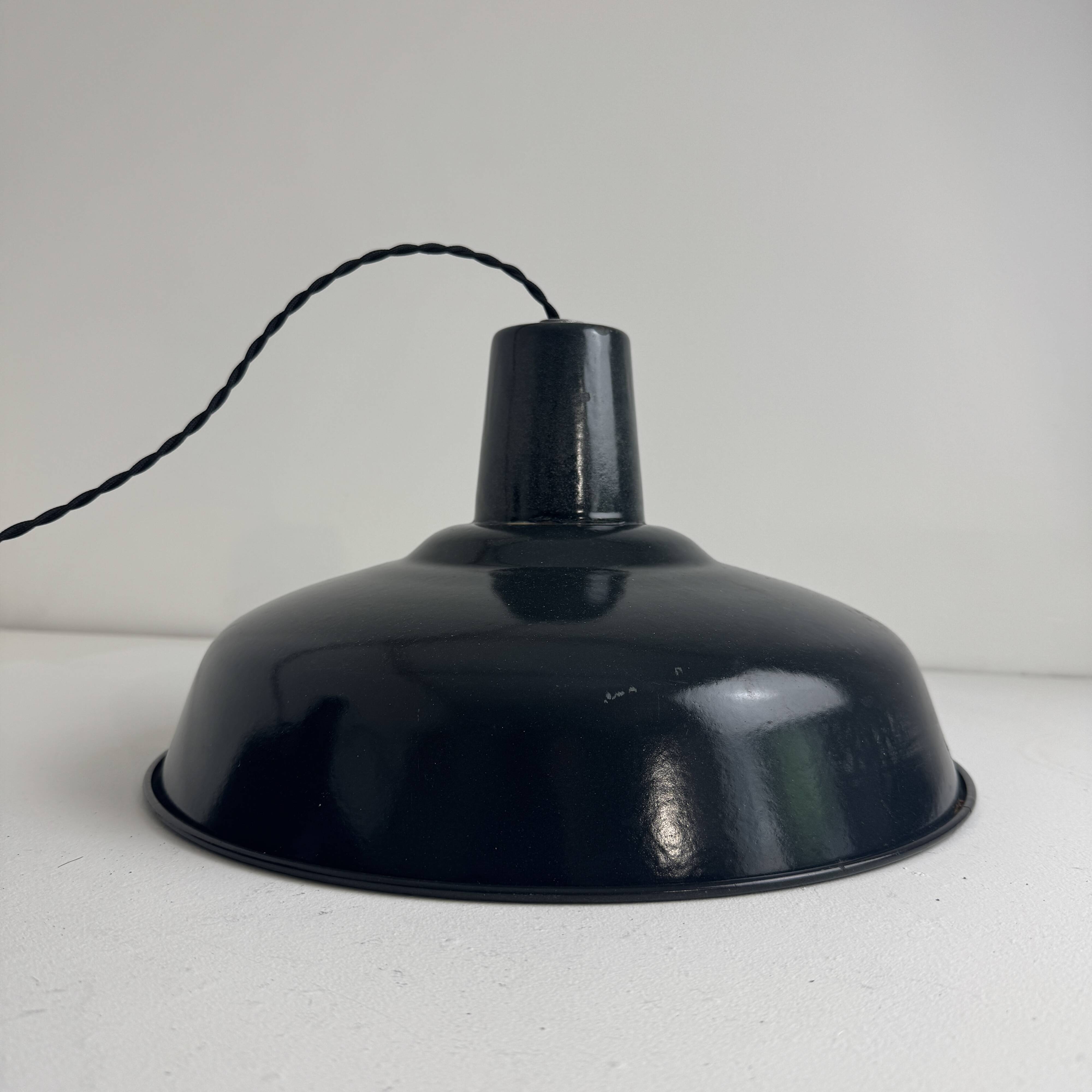 Pair of antique enamelled industrial workshop suspensions
