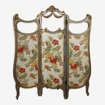 Louis XV style screen with three sheets in molded wood and embroidered fabrics