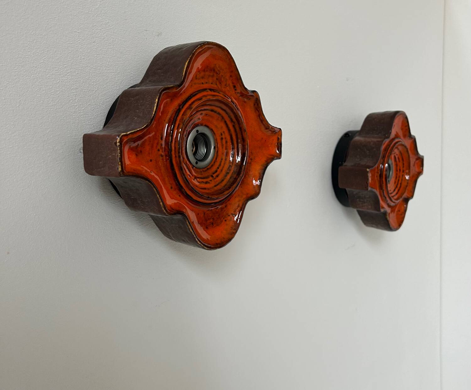 Pair of vintage wall lights, brown and orange ceramic, Sweden 1960