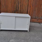 White painted wooden shoe cabinet, vintage 1950s - storage cupboard for shoe polish.