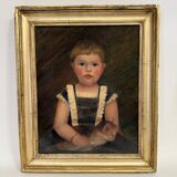 Oil on canvas 19th century young child carrying his cat gilded frame