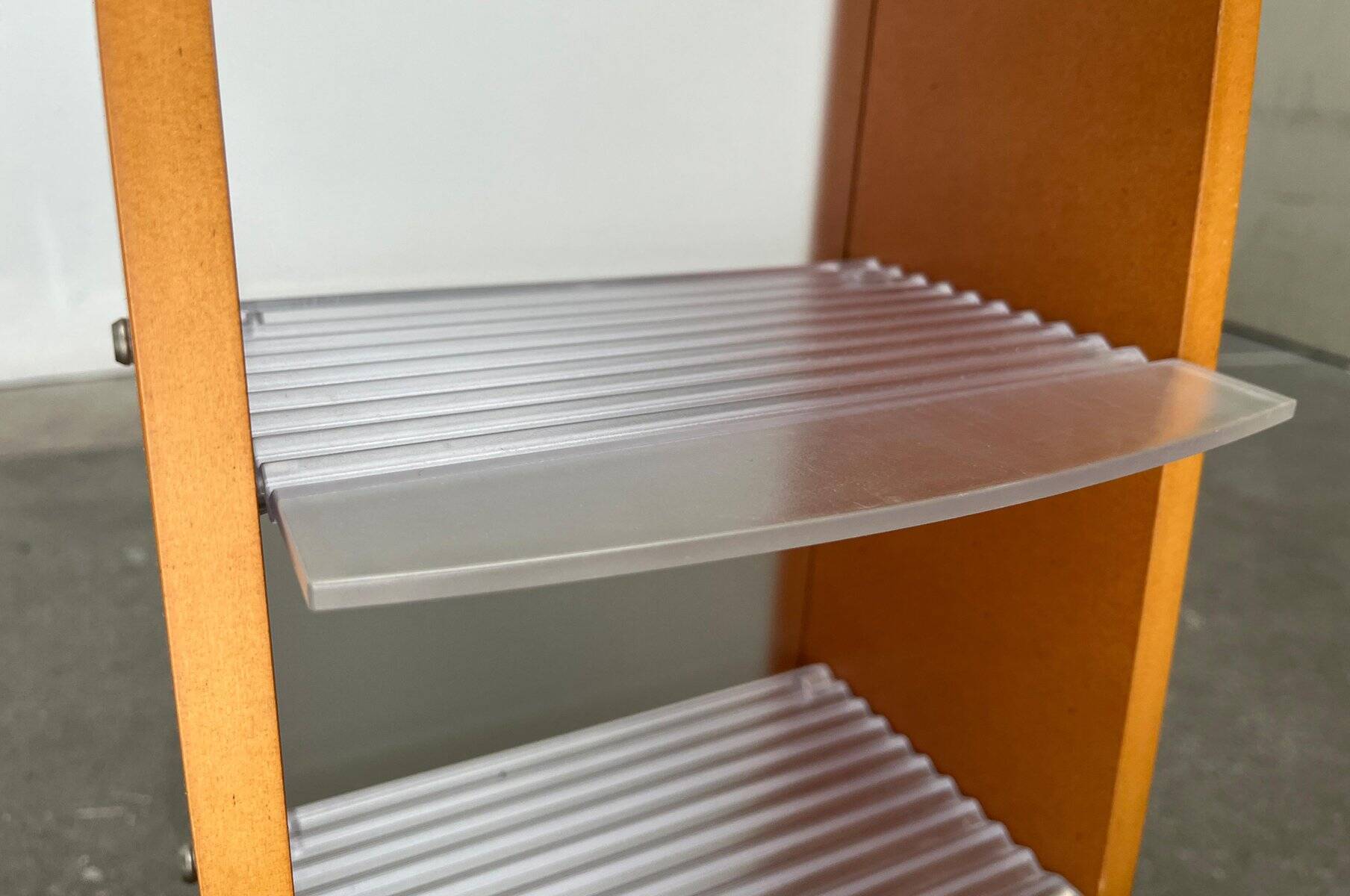 Postmodern CD storage unit in wood, metal, and plastic by Ezech, 1980s.