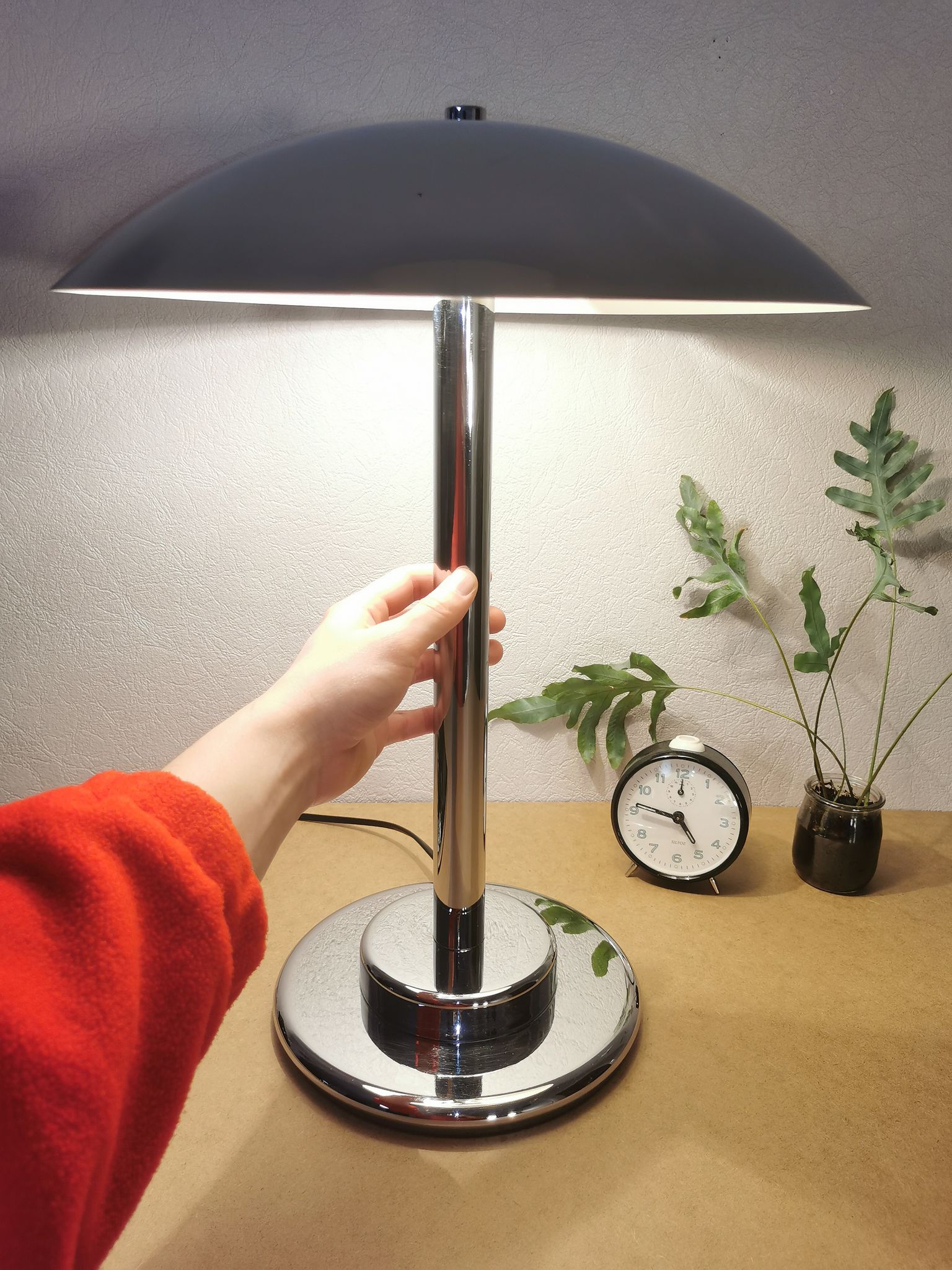Mushroom lamp, chrome metal saucer, Aluminor, France, 1970