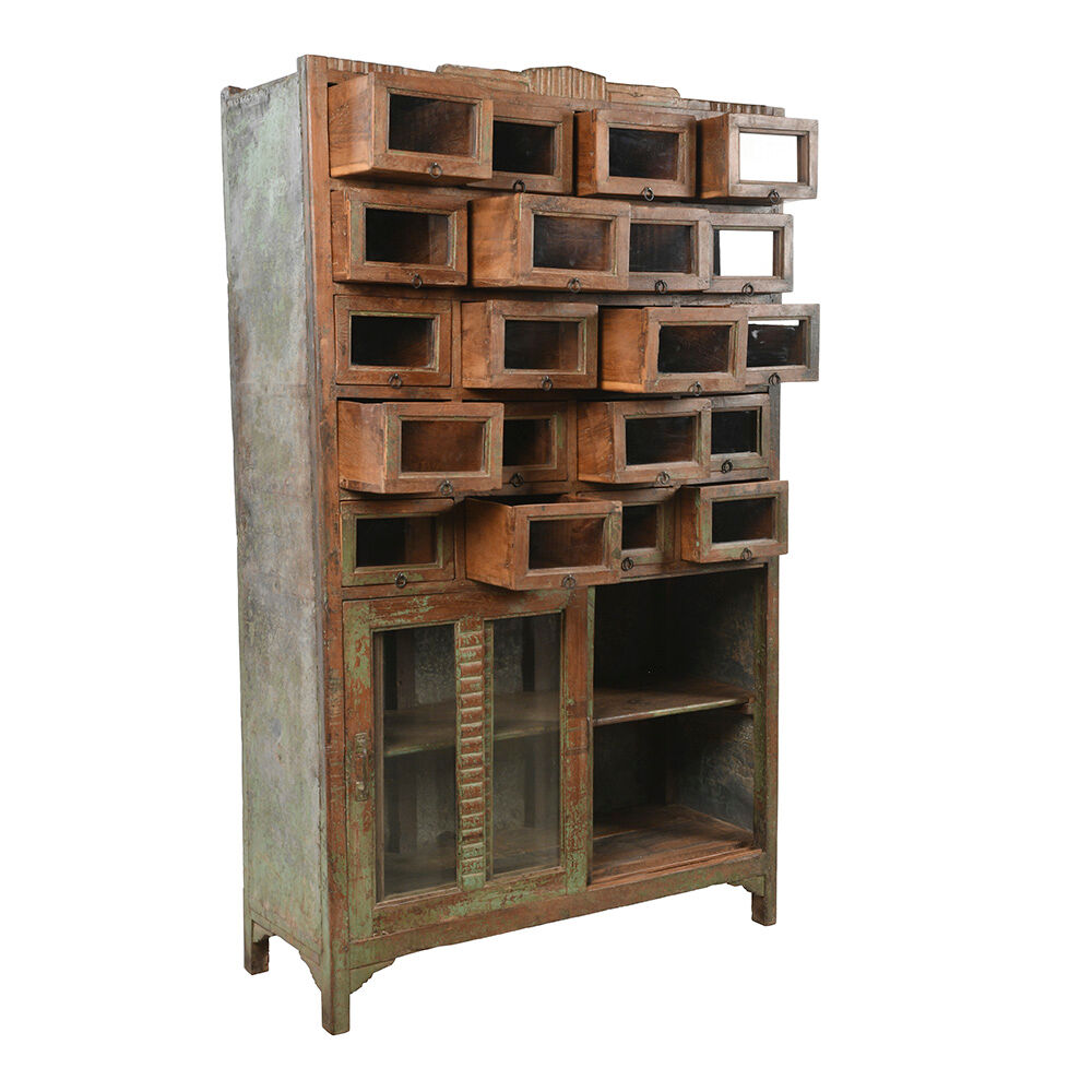 Wooden presentation cabinet with 20 glazed cupboards