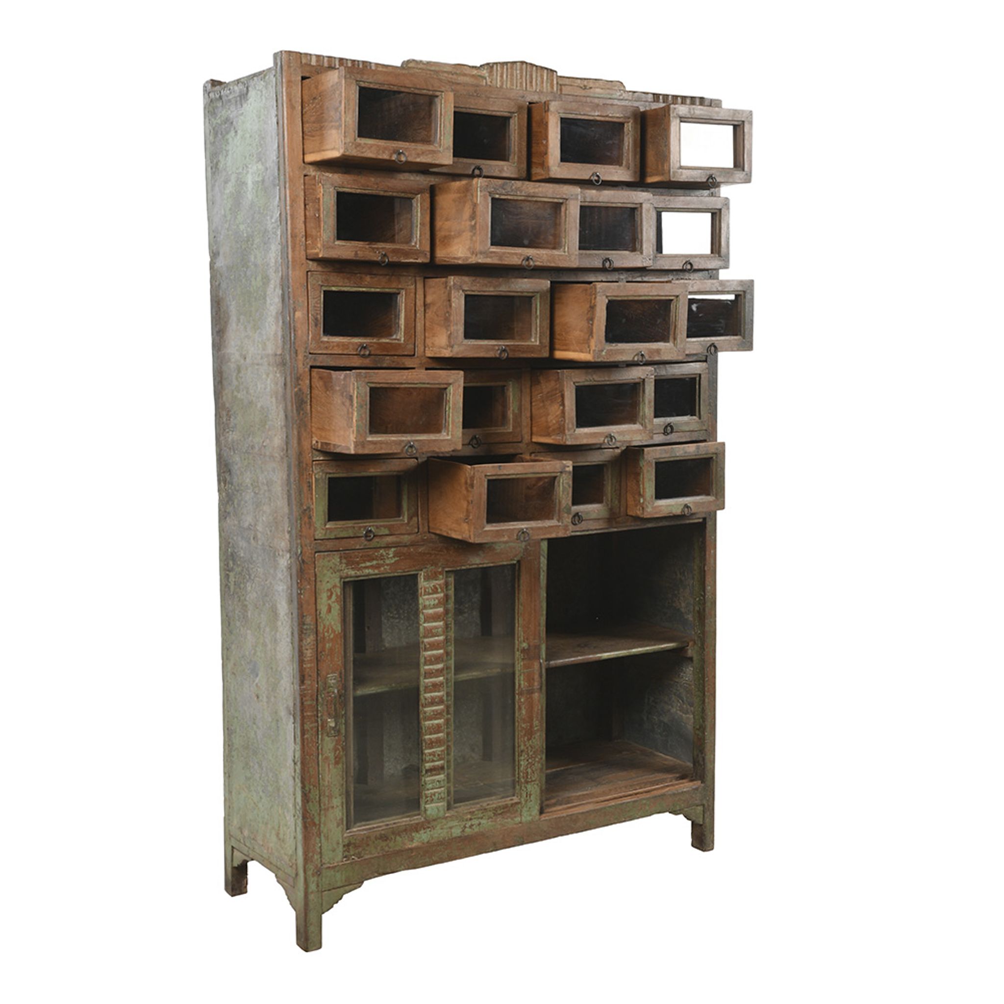 Wooden presentation cabinet with 20 glazed cupboards