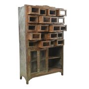 Wooden presentation cabinet with 20 glazed cupboards