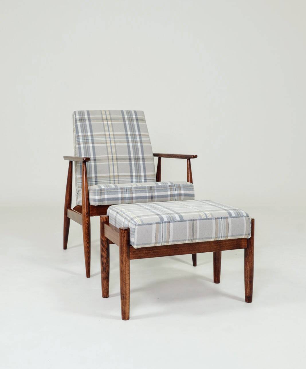 Vintage armchair and footstool in beige blue tartan, modern design