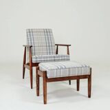 Fauteuil vintage et repose-pieds tartan beige bleu modern design