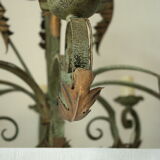 8-branch wrought iron chandelier with gray-green patina and antique gilding
