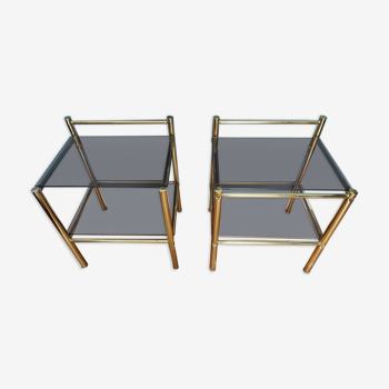 Pair of bedside tables, end of sofas in brass and vintage smoked glass