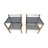 Pair of bedside tables, end of sofas in brass and vintage smoked glass