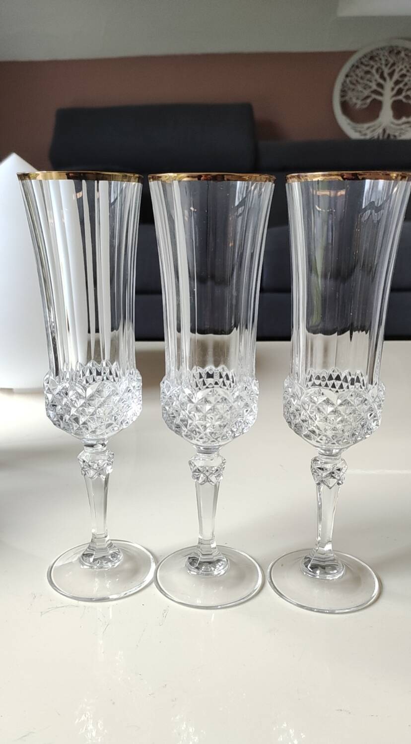 Lot of 6 x Champagne Flutes crystal/Valencay Gold/Crystal d'Arques