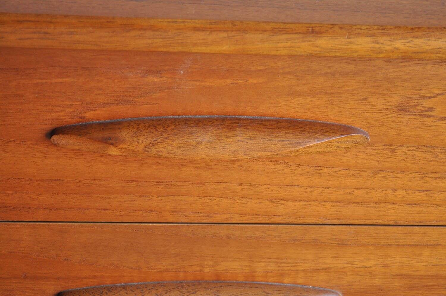 Brown teak sideboard by Frank Guille for Austinsuite, 1960s, 6 drawers, trestle legs.