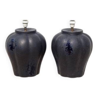 pair of night blue ceramic lamps in pumpkin shape, vintage lamp
