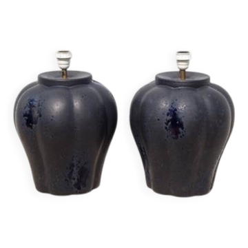 paire de lampe céramique bleu nuit forme citrouille bleu, lampe vintage