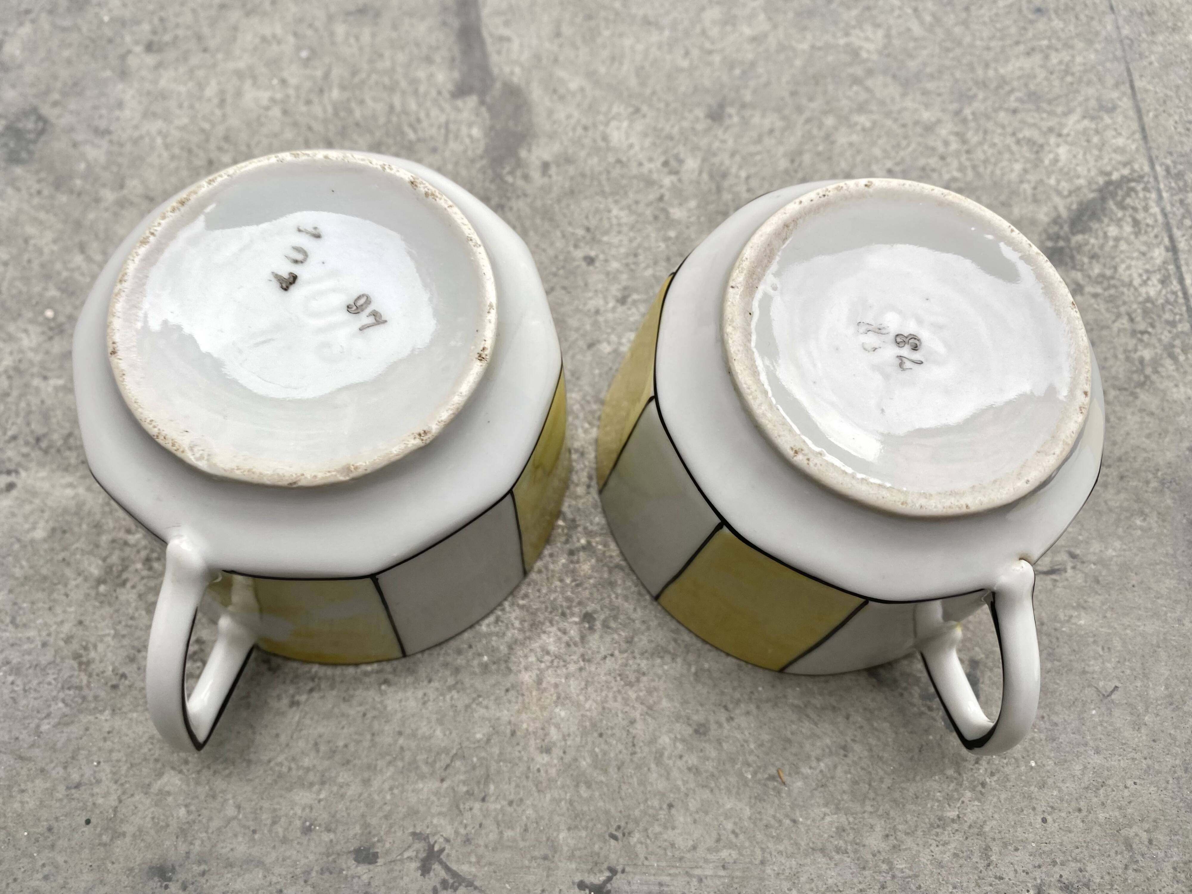 60s striped iridescent porcelain coffee service, 2 cups + 2 vintage saucers