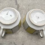 60s striped iridescent porcelain coffee service, 2 cups + 2 vintage saucers