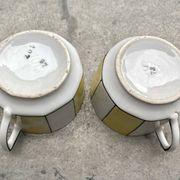 60s striped iridescent porcelain coffee service, 2 cups + 2 vintage saucers
