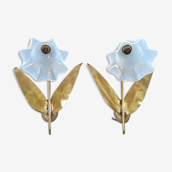 Pair of brass flower wall lamps 1950