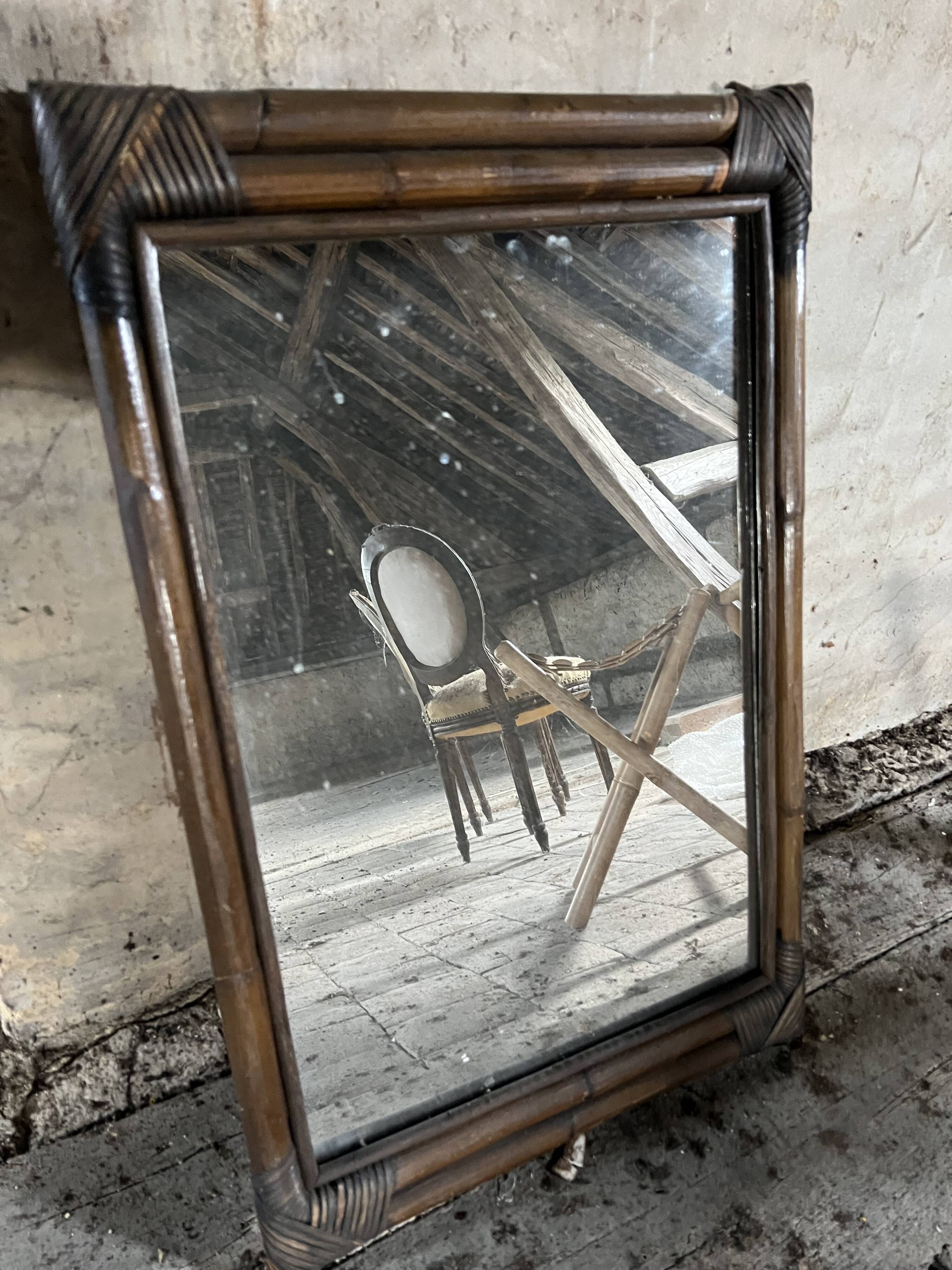 Antique woven bamboo mirror – colonial style – early 20th century