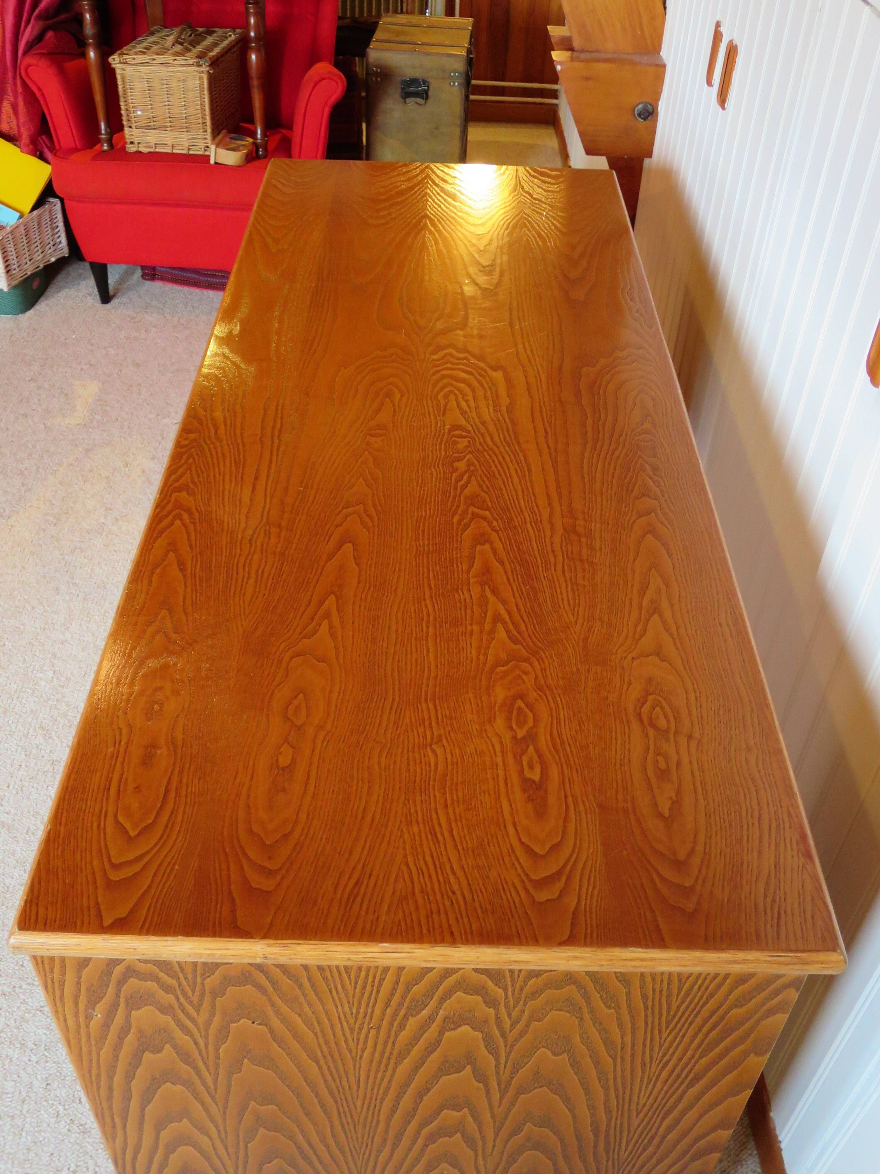 Rare vintage desk Ash and woven rattan - Large top - 6 drawers - Functional desk