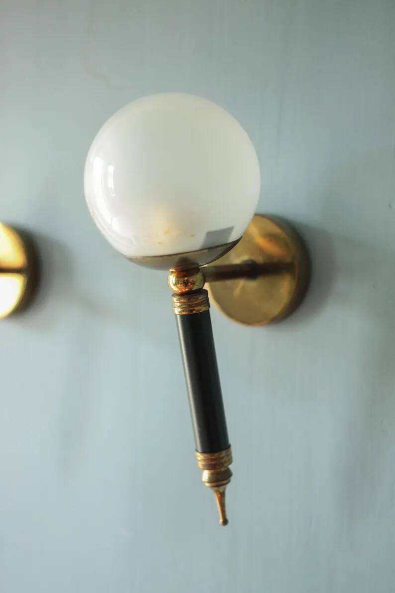 Pair of vintage wall sconces, brass sconce and opaque glass globe, vintage lamp, wall lamp, 50s.