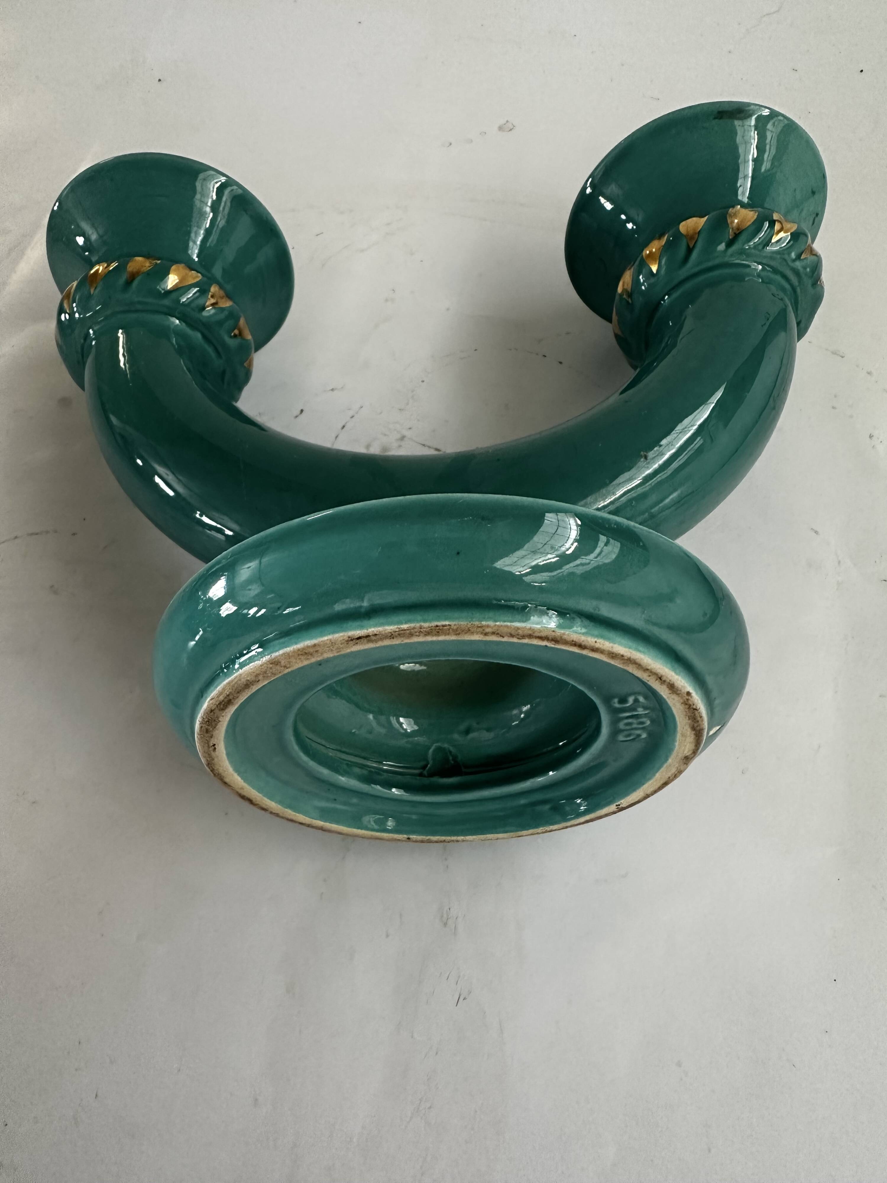 Art Deco candlestick in green and gold glazed ceramic, attributed to Vallauris