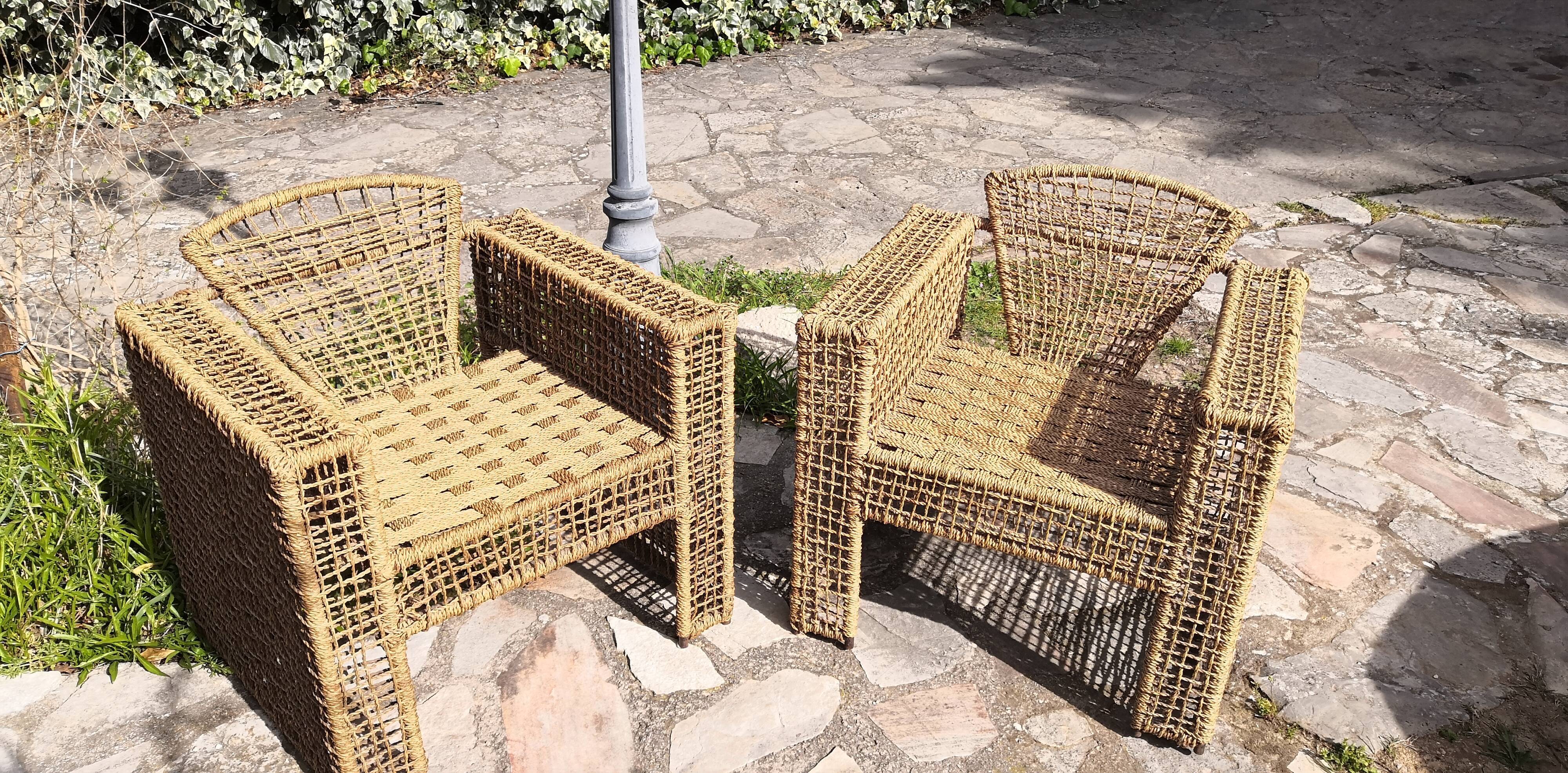 Armchair in metal and braided rope, 1980