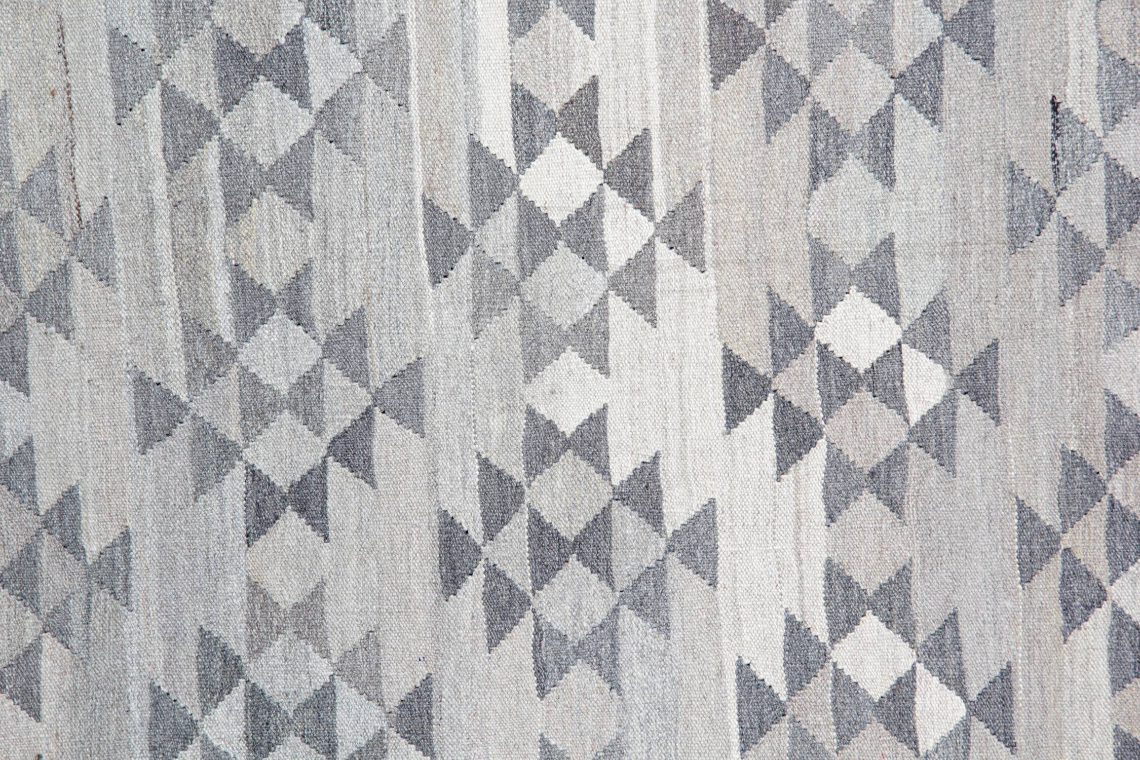 Handmade Afghan Kilim Rug, Grey Wool Geometric Flatweave Carpet 239x175cm