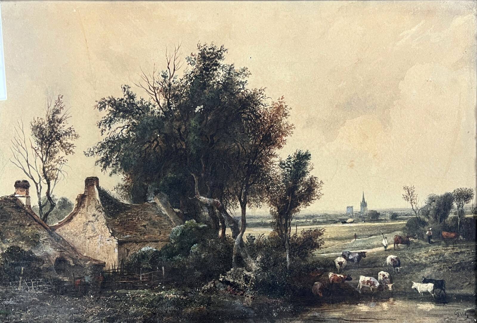 Watercolour "Masure and Herd" Jean-Marie Oscar GUÉ (1809-1877)
