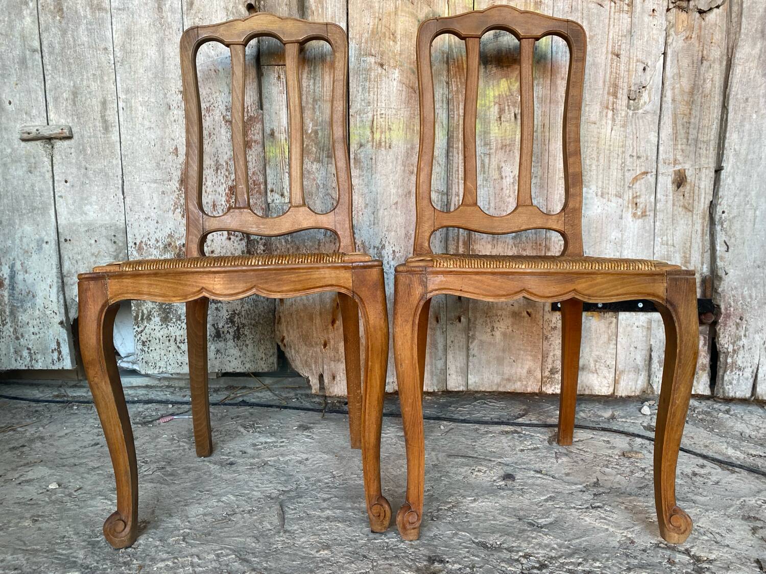 Pair of Antique Art Nouveau Chairs with Wooden Frame + Woven Straw Seat Vintage