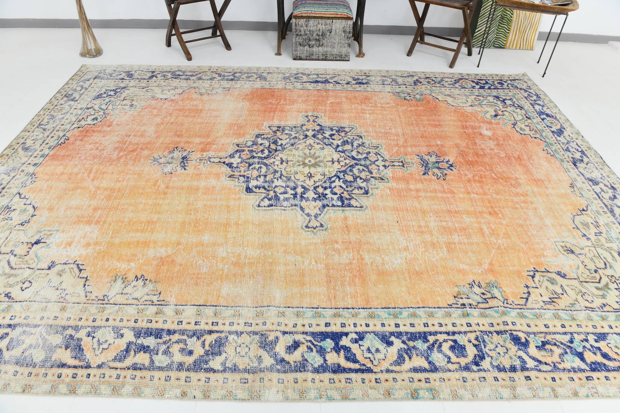 Blue Orange 250x350 cm Carpet, Vintage Large Rug, Turkish Antique Rug.