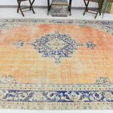 Tapis Bleu Orange 250x350 cm, Grand Tapis Vintage, Tapis Antique Turc.