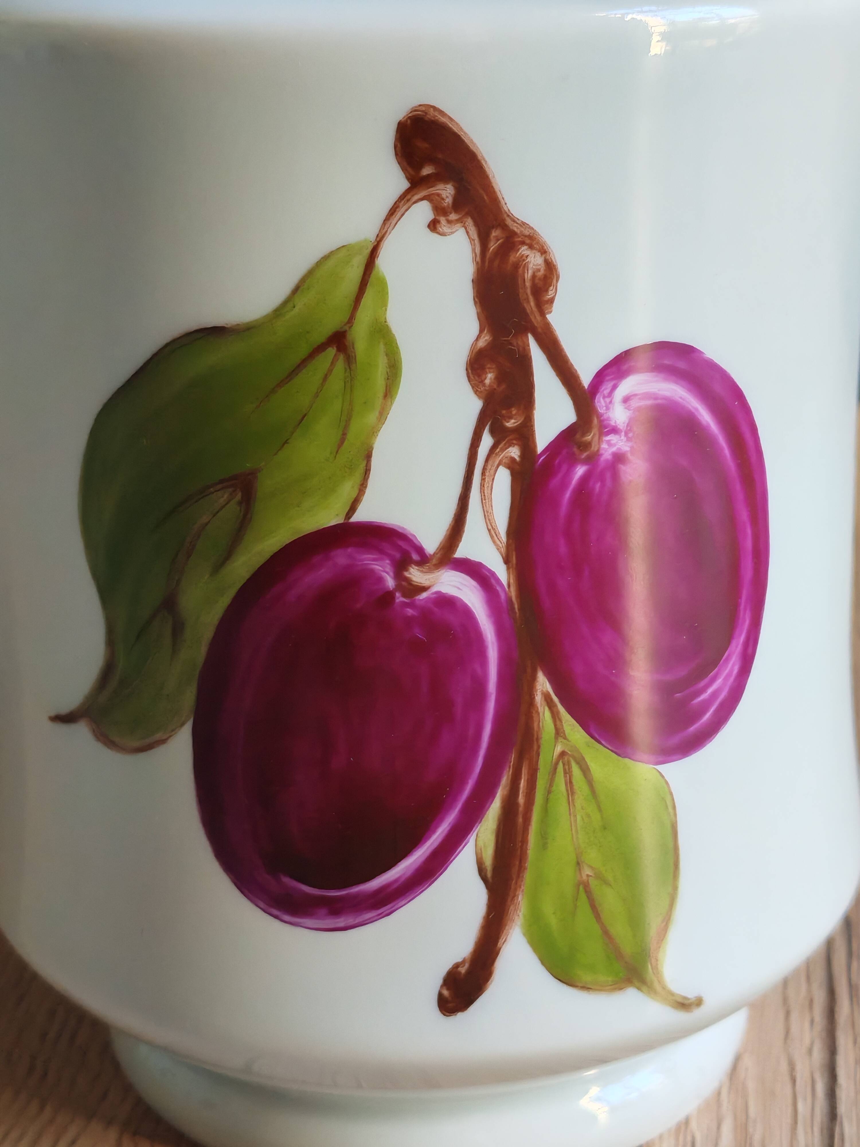 Porcelain jam pot with hand-painted plum design, signed sweet jar.