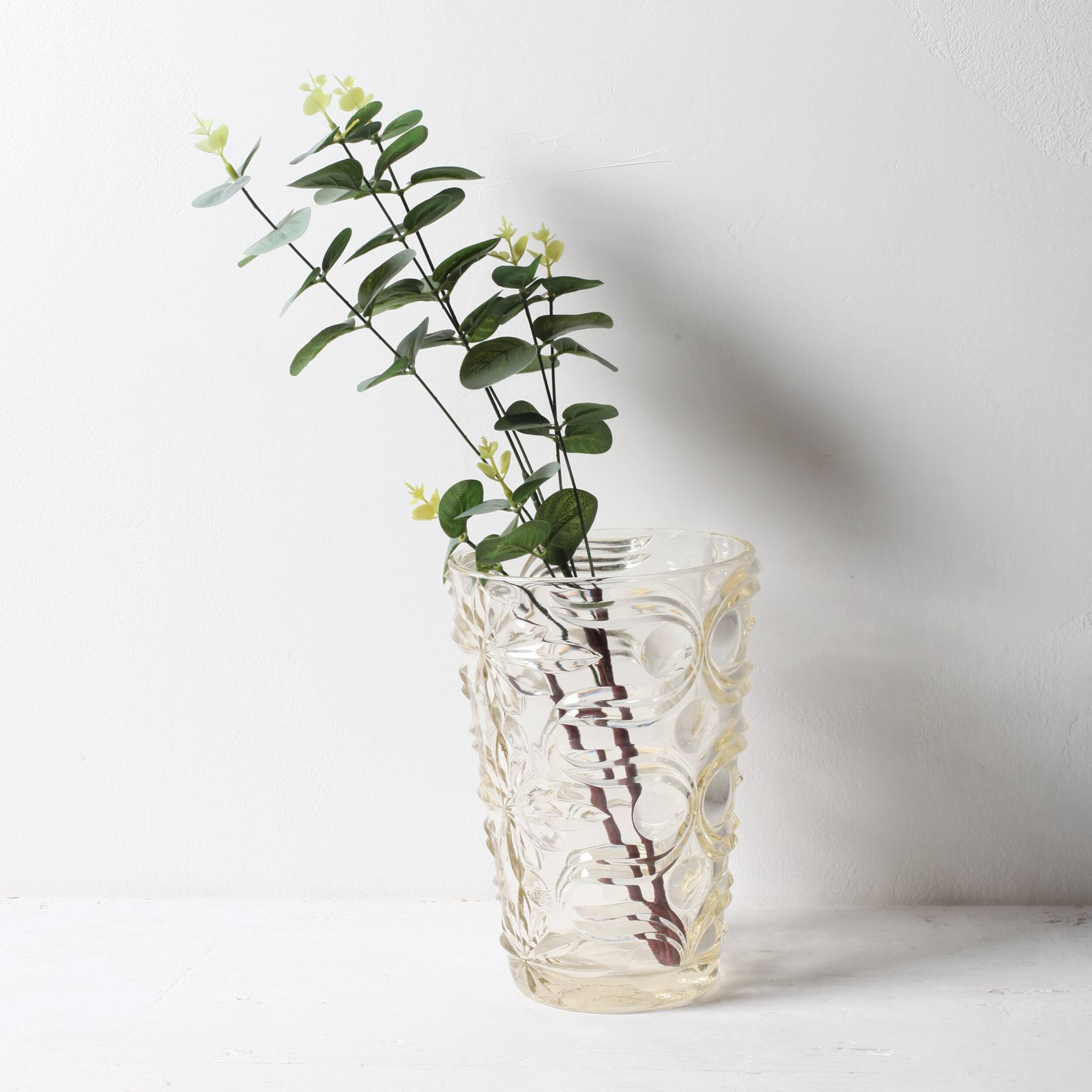 Mid-century Solid Heavy Clear Pattered Glass Flower Vase / Fidenza / Italy