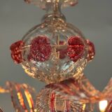 Venetian chandelier in colorless and red Murano glass, 5 light arms