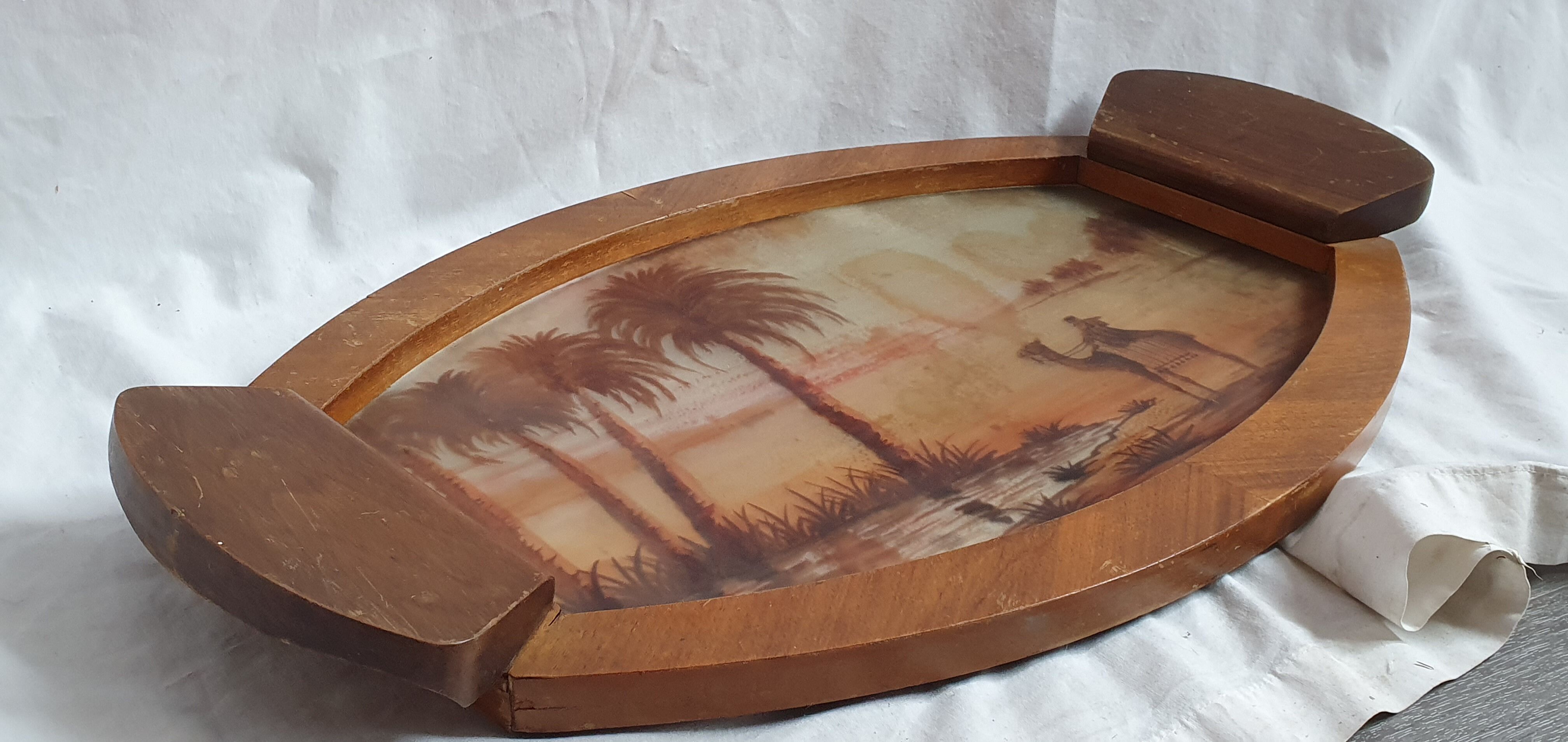 Service tray orientalist painting under glass