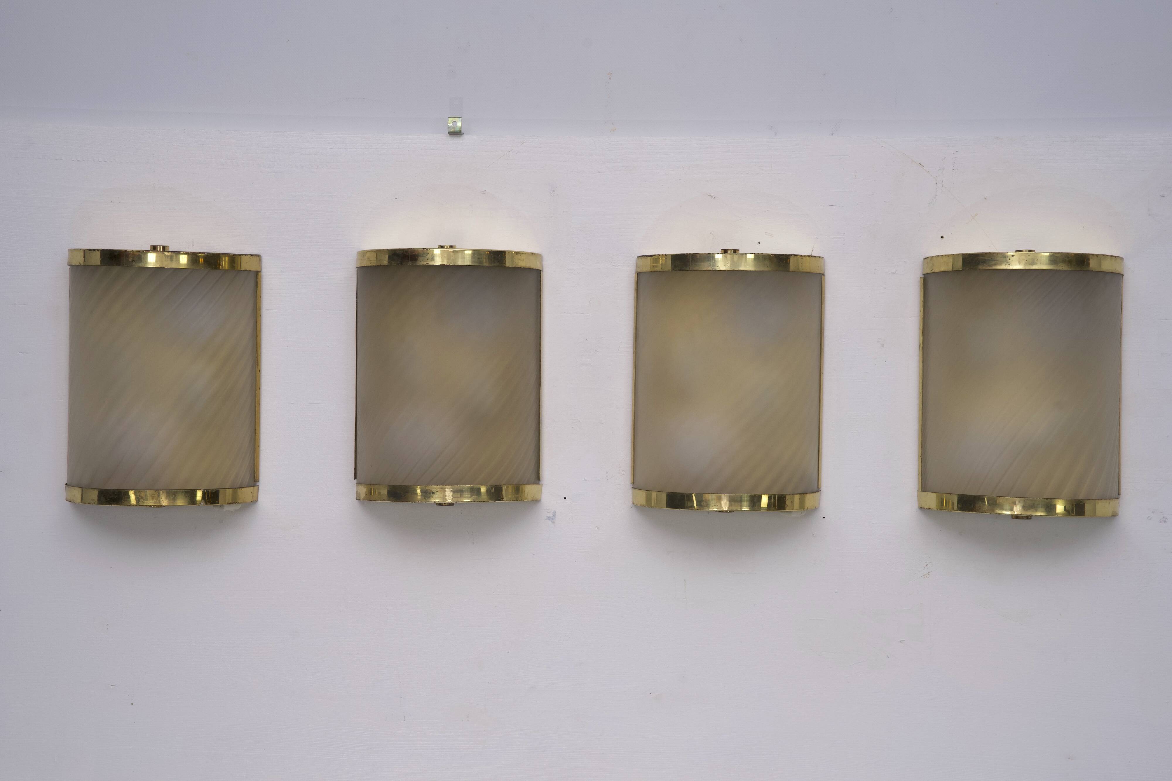 Rare Set of Four Valentino Brass and Etched Glass Wall Sconces, Italy 1980s