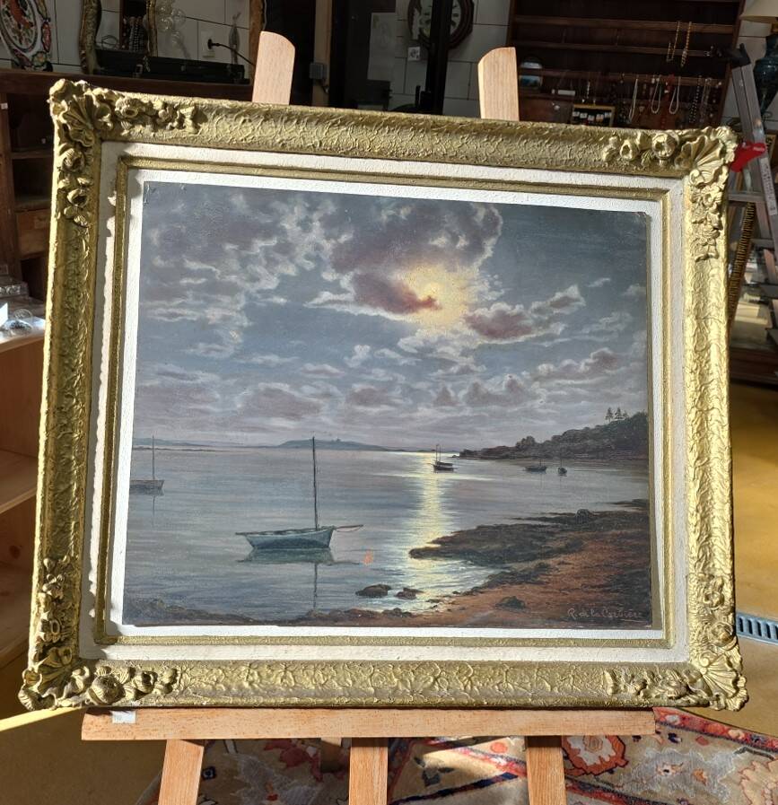 Old painting signed Roger de la Corbières – Seascape in the moonlight