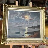 Old painting signed Roger de la Corbières – Seascape in the moonlight