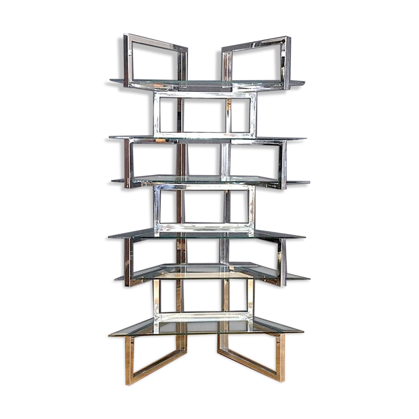 Articulated presentation shelf in chrome and glass. Italy 1970s