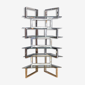 Articulated presentation shelf in chrome and glass. Italy 1970s