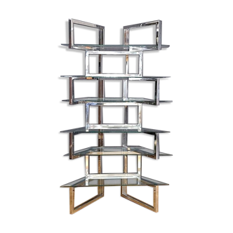 Articulated presentation shelf in chrome and glass. Italy 1970s