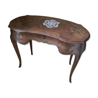 Coiffeuse en marqueterie de bois précieux avec miroir, style Louis XV