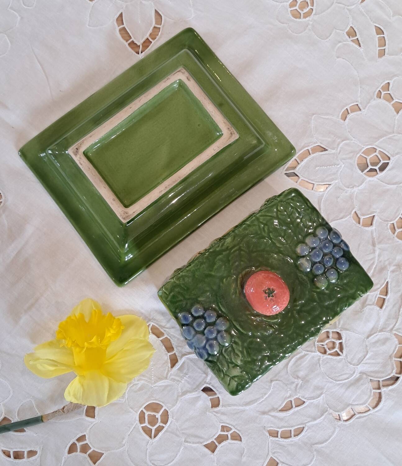 Antique butter dish in slip