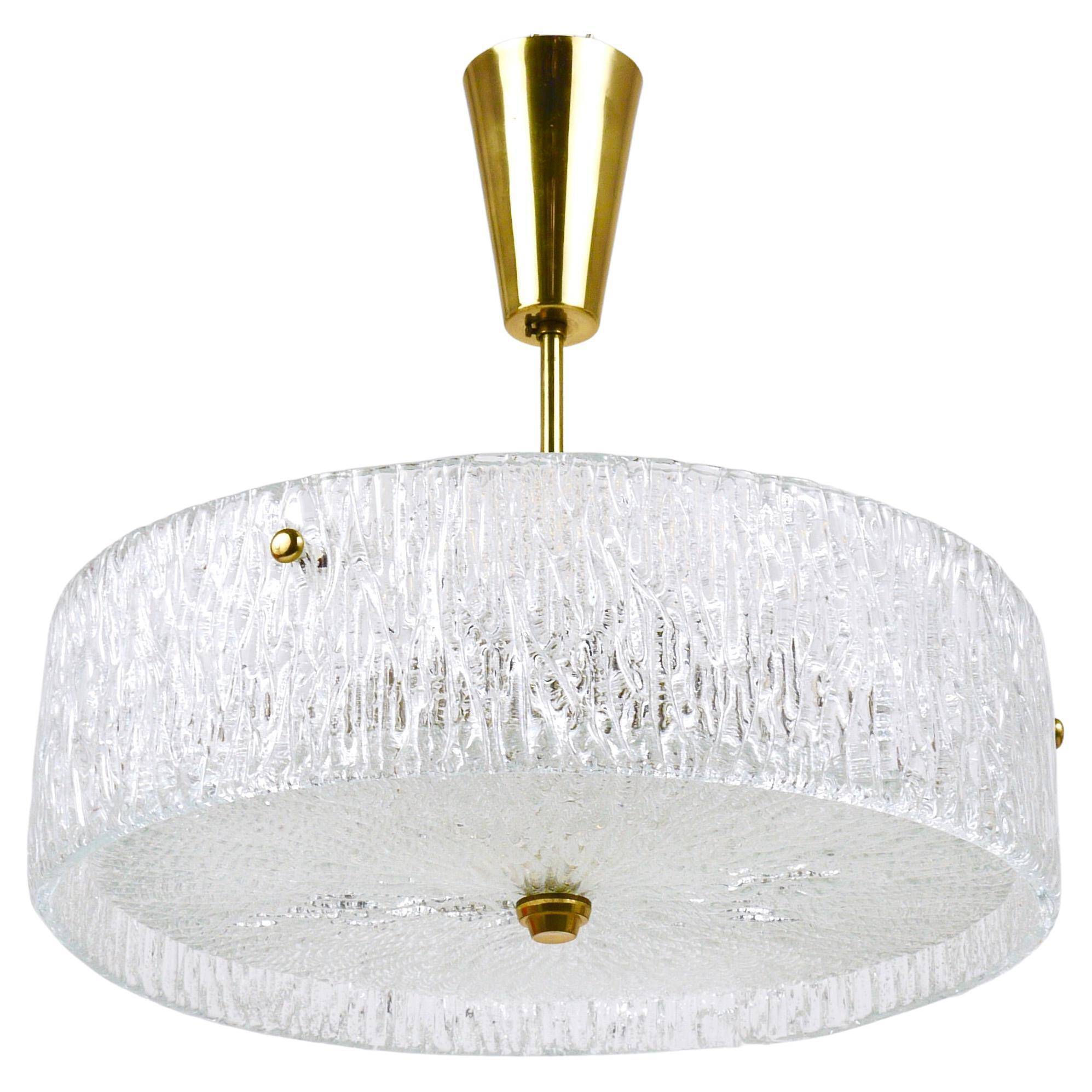 J.T. Kalmar Lustre pendant light in brass and textured glass, 1950s