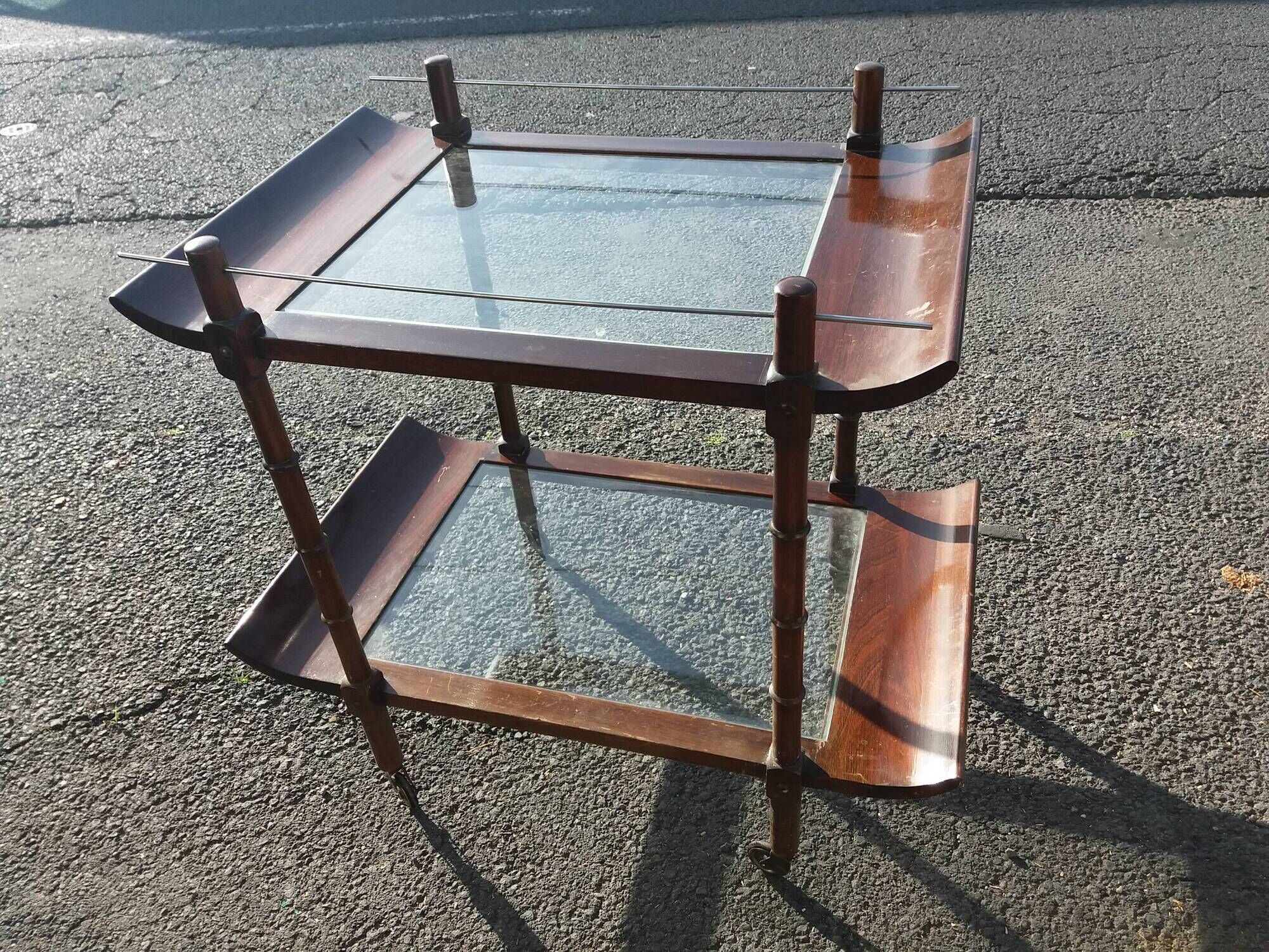Bar rolling serving double trap pagoda wood and glass 1950s mahogany